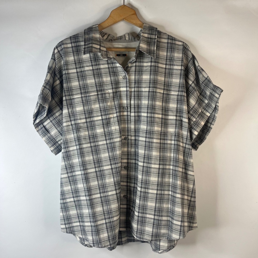 Ridgecut Button Down Shirt Women 2X Grey Plaid Short Sleeve Workwear Stretch